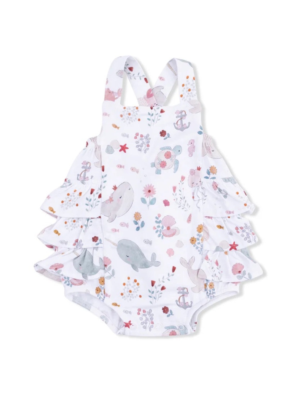 Angel Dear Garden Sea Creatures Floral Ruffle Sunsuit Romper 0-3 12-18 18-24